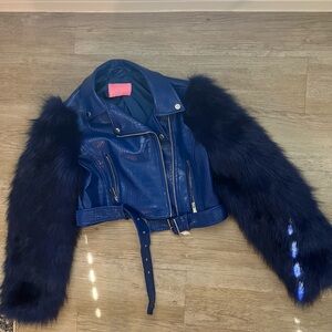 AZALEA WANG BLUE NOLLA FAUX FUR ARMS CROC MOTO JACKET